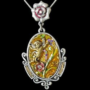 Enamel Rhinestone Cherub Angel Cameo Pendant Necklace Art Nouveau Style Design